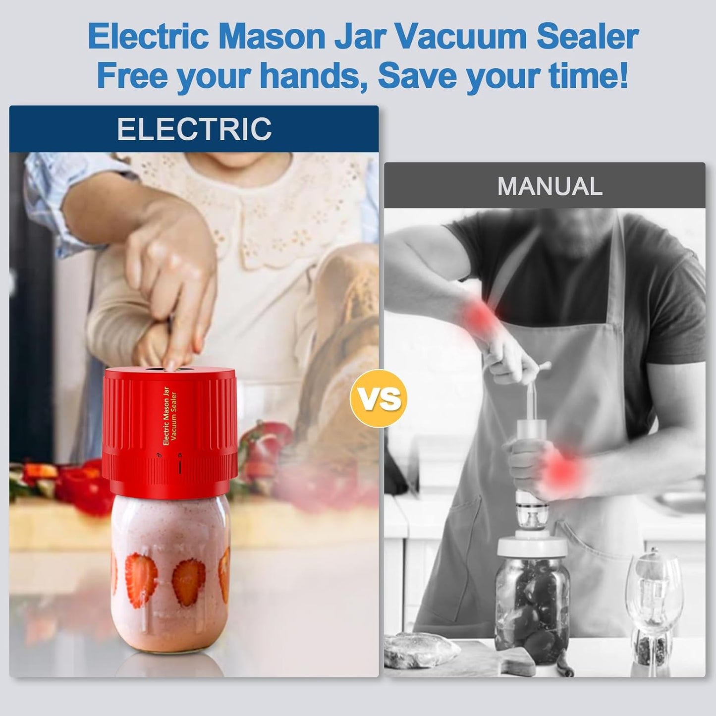 Skiennix Electric Mason Jar Vacuum Sealer Kit - Ideal for Wide & Regular Mouth Jars - Red