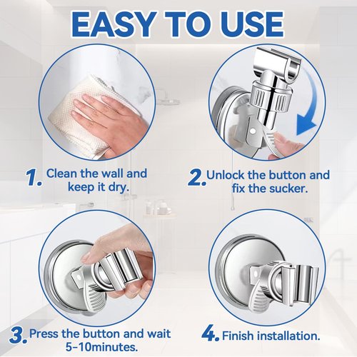 PROZADAHAO Adjustable Shower Head Holder, Bathroom Suction Cup Bracket for Handheld Showerhead, Removable Wall Mounted Shower Bracket (Silver) (Silver, 1)