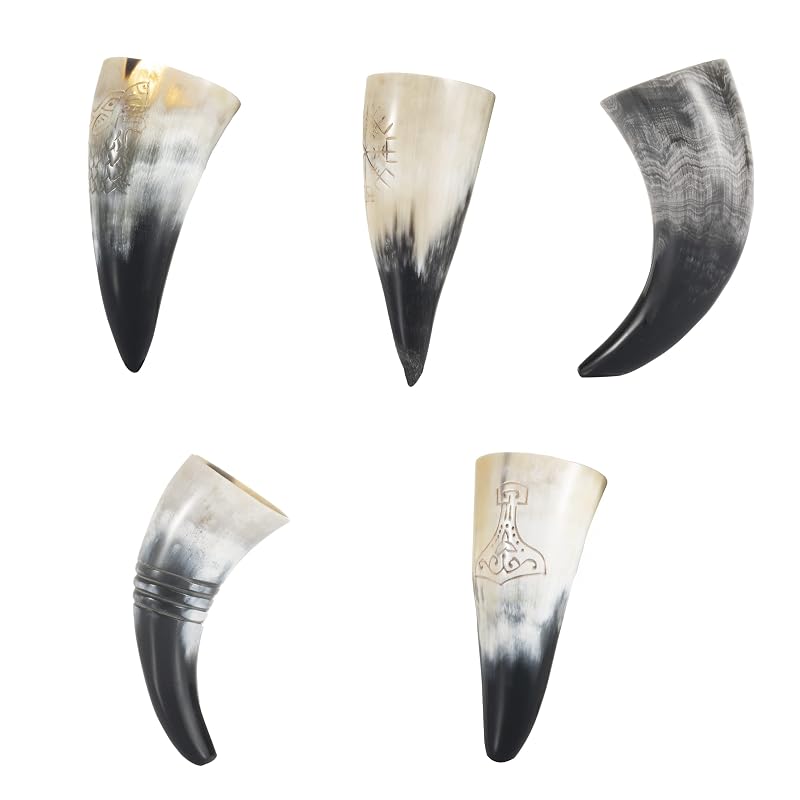 Viking Drinking Horn Set of 5 with Wooden Tray & Opener - Handmade Ox Horn Cups for Mead, Beer