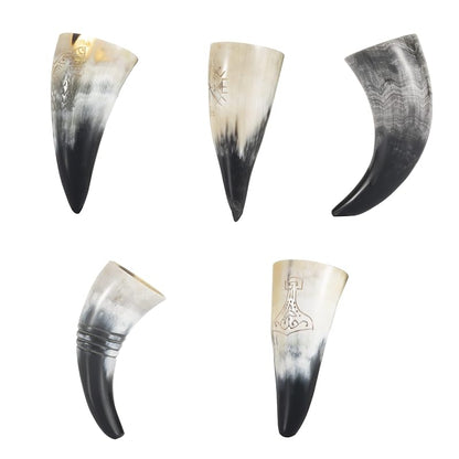 Viking Drinking Horn Set of 5 with Wooden Tray & Opener - Handmade Ox Horn Cups for Mead, Beer