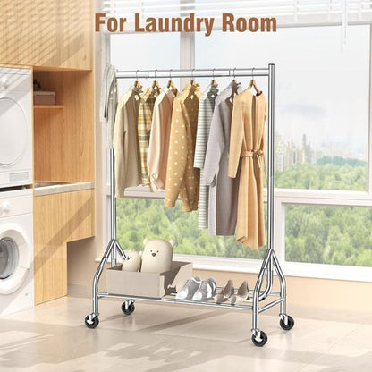 EAGMAK Heavy Duty Clothes Rack - 420 LBS Capacity | Rolling Garment Rack with Lockable Wheels & Shelves (Silver)