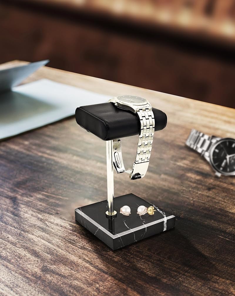 Marble Base Watch Display Stand with PU Leather Tray | Handcrafted Holder for Men’s Watches & Jewelry
