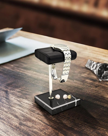 Marble Base Watch Display Stand with PU Leather Tray | Handcrafted Holder for Men’s Watches & Jewelry