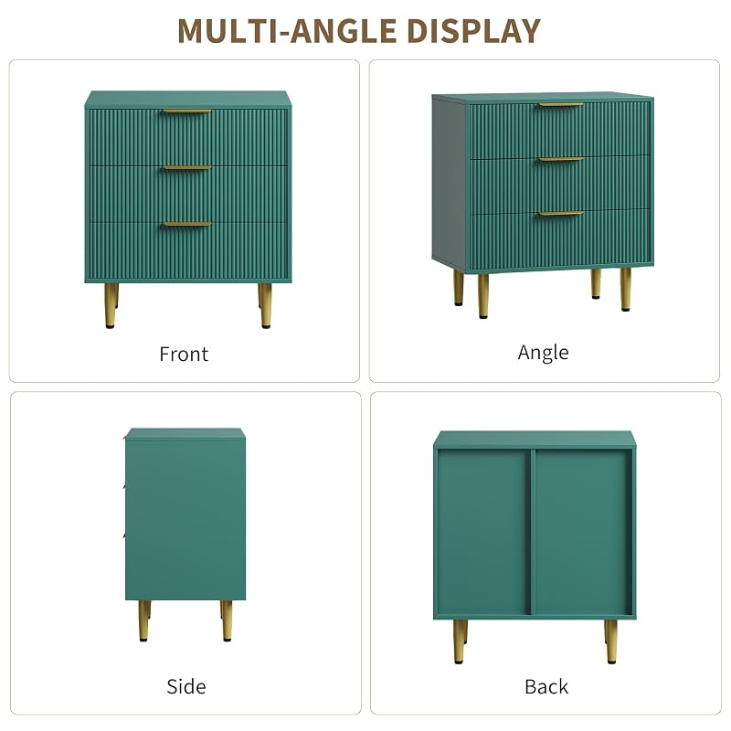 3-Drawer Storage Chest with Vertical Groove Panels and Tapered Metal Legs - Green, 28" × 16.9" × 29.9"