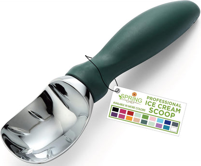 Spring Chef Ice Cream Scoop - Heavy Duty Soft Grip Handle for Cookie Dough & Gelato | Pine Green