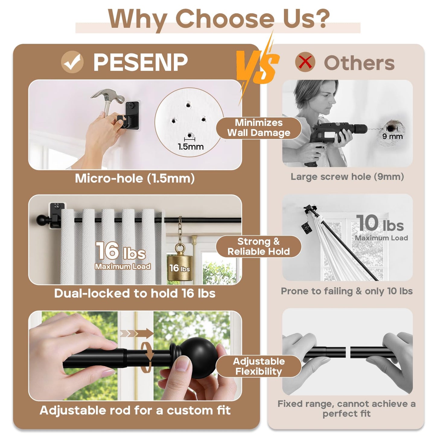 PeSenp No-Drill Curtain Rod with Adhesive & Pin-Nail Mount System - Renter Friendly & Minimal Wall Damage, 5/8" Diameter Black Adjustable Rod for Windows 28 to 48 Inch
