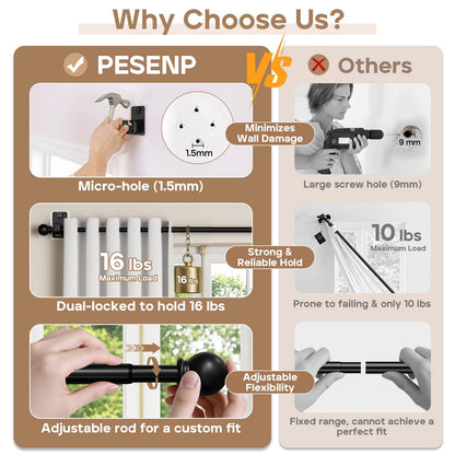 PeSenp No-Drill Curtain Rod with Adhesive & Pin-Nail Mount System - Renter Friendly & Minimal Wall Damage, 5/8" Diameter Black Adjustable Rod for Windows 28 to 48 Inch