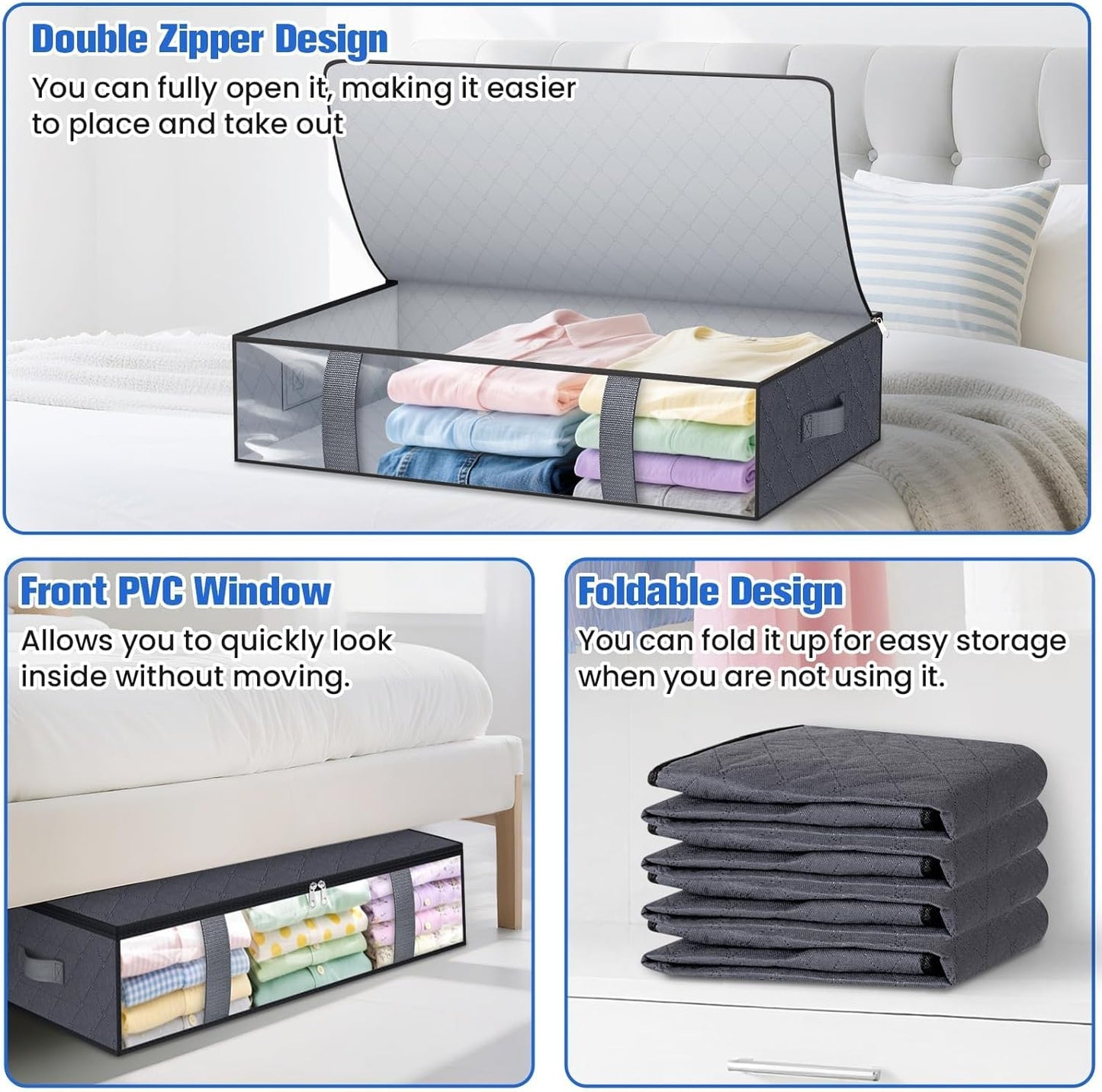 TasticTotes Under Bed Storage Containers - 4 Pack Collapsible Bags with Clear Front, 60L, Grey