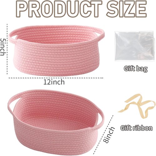 JMvicyroam Woven Basket - Small Rope Storage Bin with Handles for Organizing Shelves & Closets | Pink, 2-Pack