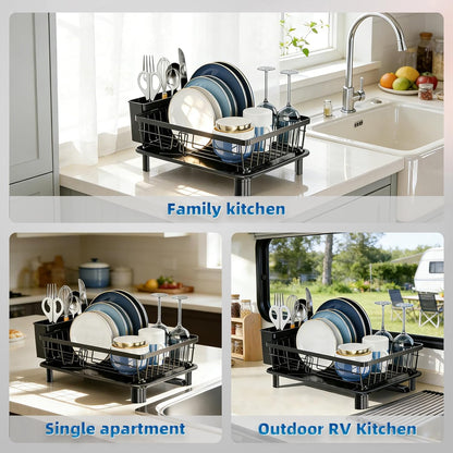 Skiennix Stainless Steel Dish Drying Rack - Removable Utensil Holder & New Drain Outlet | Black 11" W x 15" L