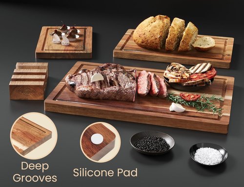 Acacia Wood Cutting Boards Set of 3 - Premium Wooden Chopping Boards with Juice Groove & Holder
