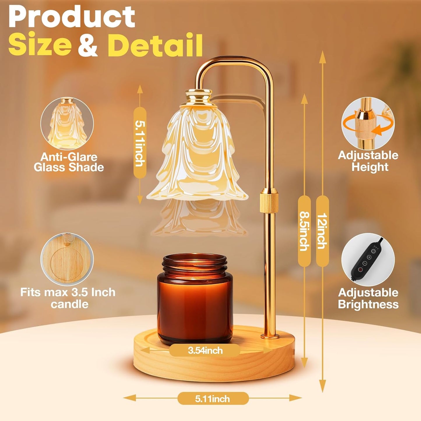 Skiennix Candle Warmer Lamp - Electric Wax Warmer with Timer & 5 Brightness Settings | Adjustable Height Home Decor Gift