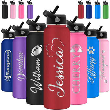 Personalized Water Bottles with Straw Lid Custom Water Bottle 24oz Customize Engraved Name Stainless Steel Insulated Sport Bottles for School Gym Boys Women Men