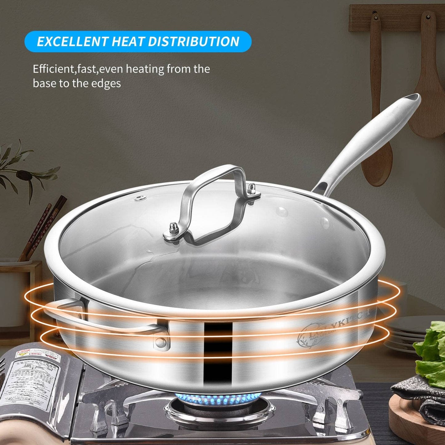 LOLYKITCH 6 QT Tri-Ply Stainless Steel Sauté Pan with Lid,Deep Frying Pan,Large Skillet,Jumbo Cooker,Induction Cooking Pan,Oven Safe and Detachable Handle.