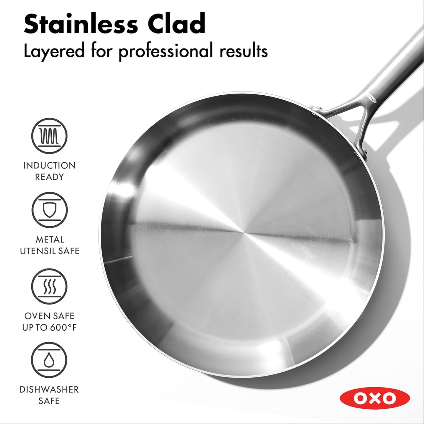 OXO Mira Tri-Ply Stainless Steel Frying Pan - 12" Induction Skillet, Dishwasher Safe & Metal Utensil Friendly