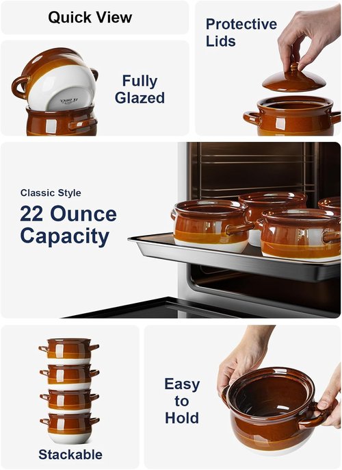 LE TAUCI French Onion Soup Bowls - 22 Oz Oven Safe Ceramic Crocks with Handles | Set of 4 for Soup & Chili