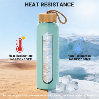 Sursip 32 Oz Glass Water Bottle - BPA-Free, Motivational Time Marker, Leak-Proof Design with Bamboo Lid