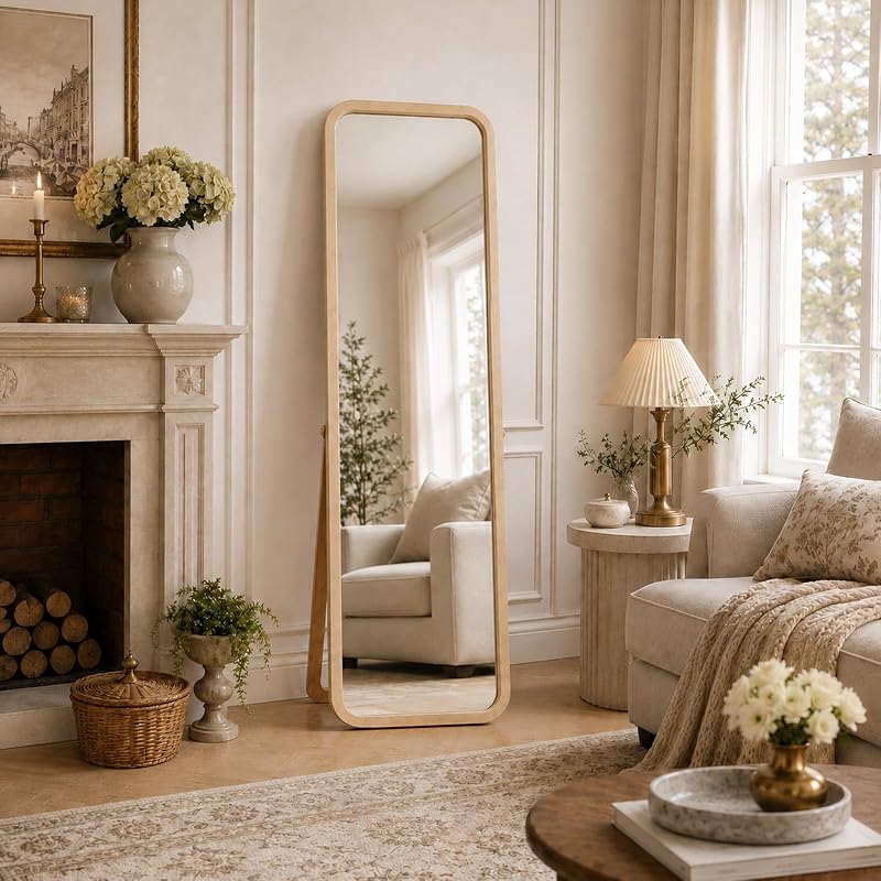 Oak Full Length Mirror with Stand 18" x 63" - Natural Wood Framed Floor Mirror