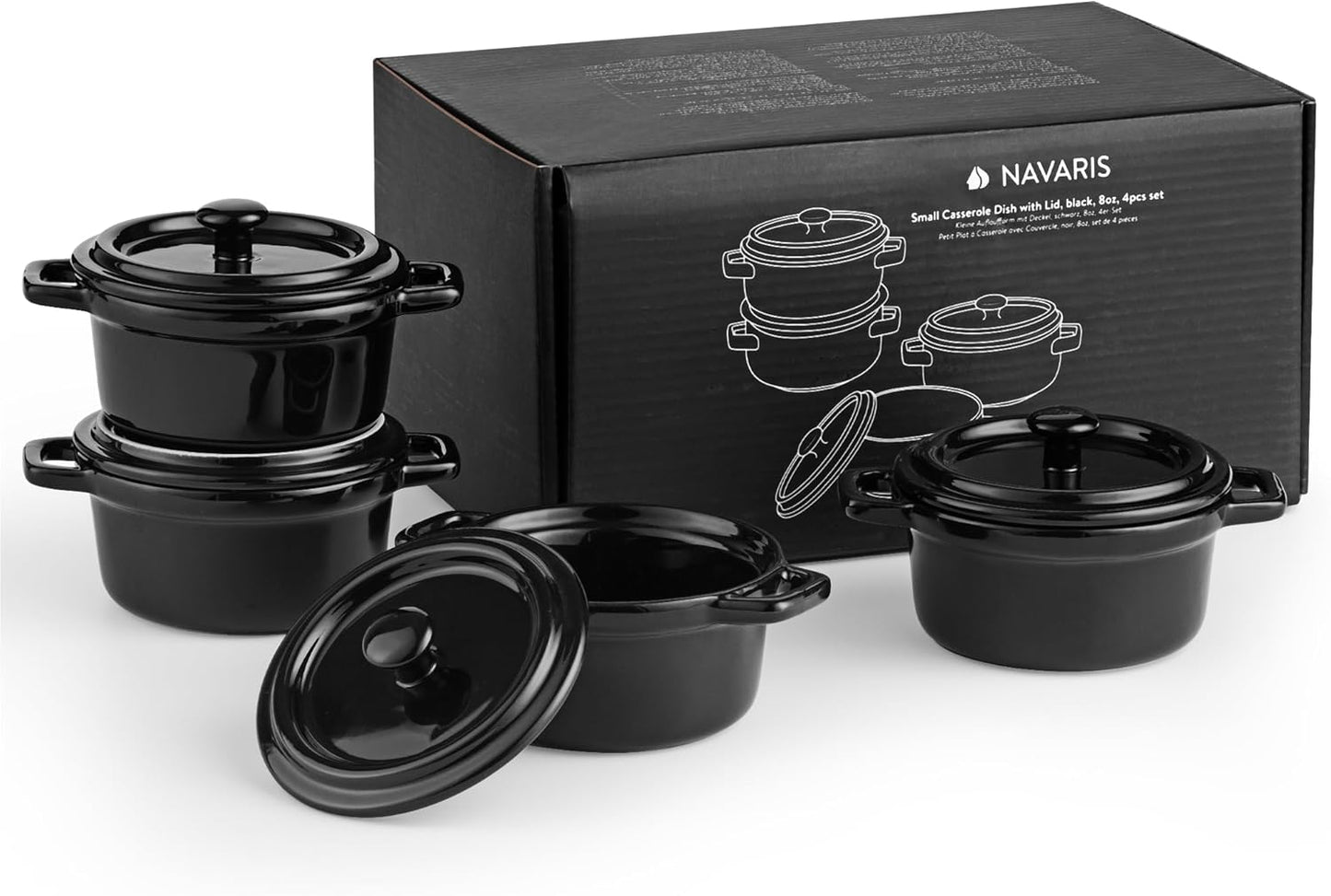 Navaris Mini Dutch Oven Casserole Dish Set - Oven-Proof with Lid - Easy Clean - 4 x 8 oz (237 ml) - Black