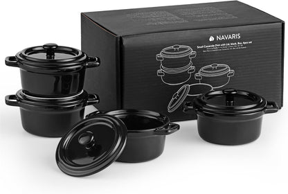 Navaris Mini Dutch Oven Casserole Dish Set - Oven-Proof with Lid - Easy Clean - 4 x 8 oz (237 ml) - Black