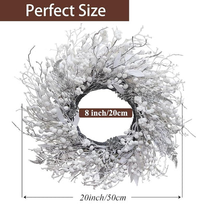 20 Inch Snow Flocked Wreath with White Berries, Leaves & Twigs - Front Door & Outdoor Decor (Variation: 20"-flocked berries)