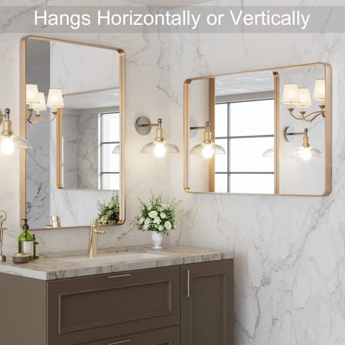 LOAAO 20”X30” Gold Bathroom Mirror, Rounded Rectangle Gold Frame Mirror, Brushed Gold Bathroom Vanity Mirror Wall-Mounted, Anti-Rust, Hangs Horizontally or Vertically