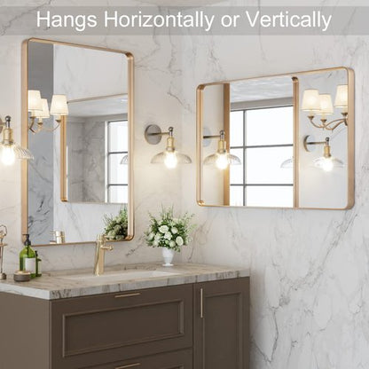 LOAAO 24”X32” Gold Bathroom Mirror, Rounded Rectangle Gold Frame Mirror, Brushed Gold Bathroom Vanity Mirror Wall-Mounted, Anti-Rust, Hangs Horizontally or Vertically