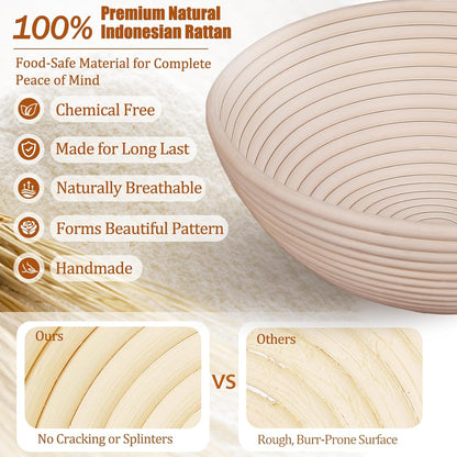 Panny Sourdough Starter Kit - Complete Bread Baking Supplies with Banneton Baskets & Glass Jar | 9" Round & 10" Oval