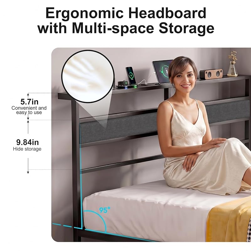 Full Size Bed Frame with Storage Drawers, Headboard Lights & USB-C Charging