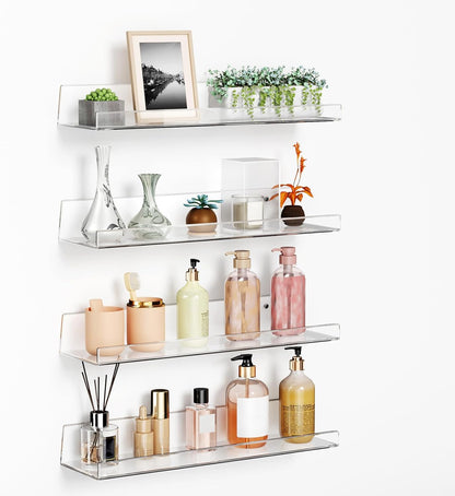 Albumgit 4-Pack Acrylic Wall Shelves - Self-Adhesive 15" Clear Floating Shelf for Organizing Decor