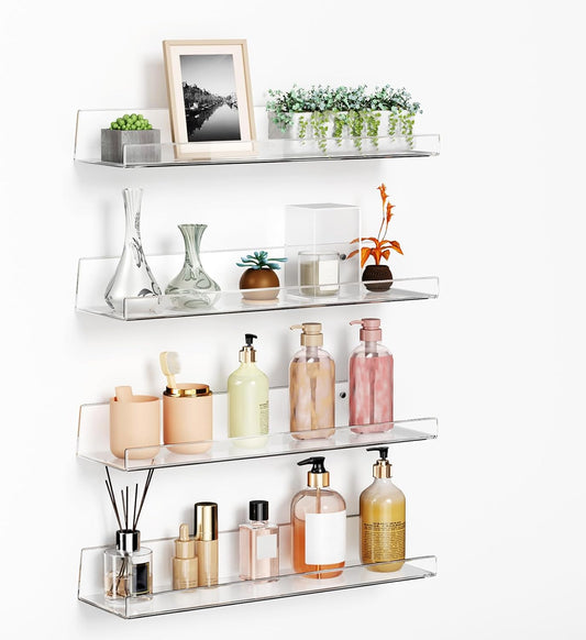 Albumgit 4-Pack Acrylic Wall Shelves - Self-Adhesive 15" Clear Floating Shelf for Organizing Decor