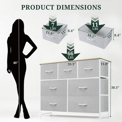 Skiennix 7-Drawer Dresser - Anti-Tip Fabric Storage Organizer with Wooden Top | Light Gray Finish