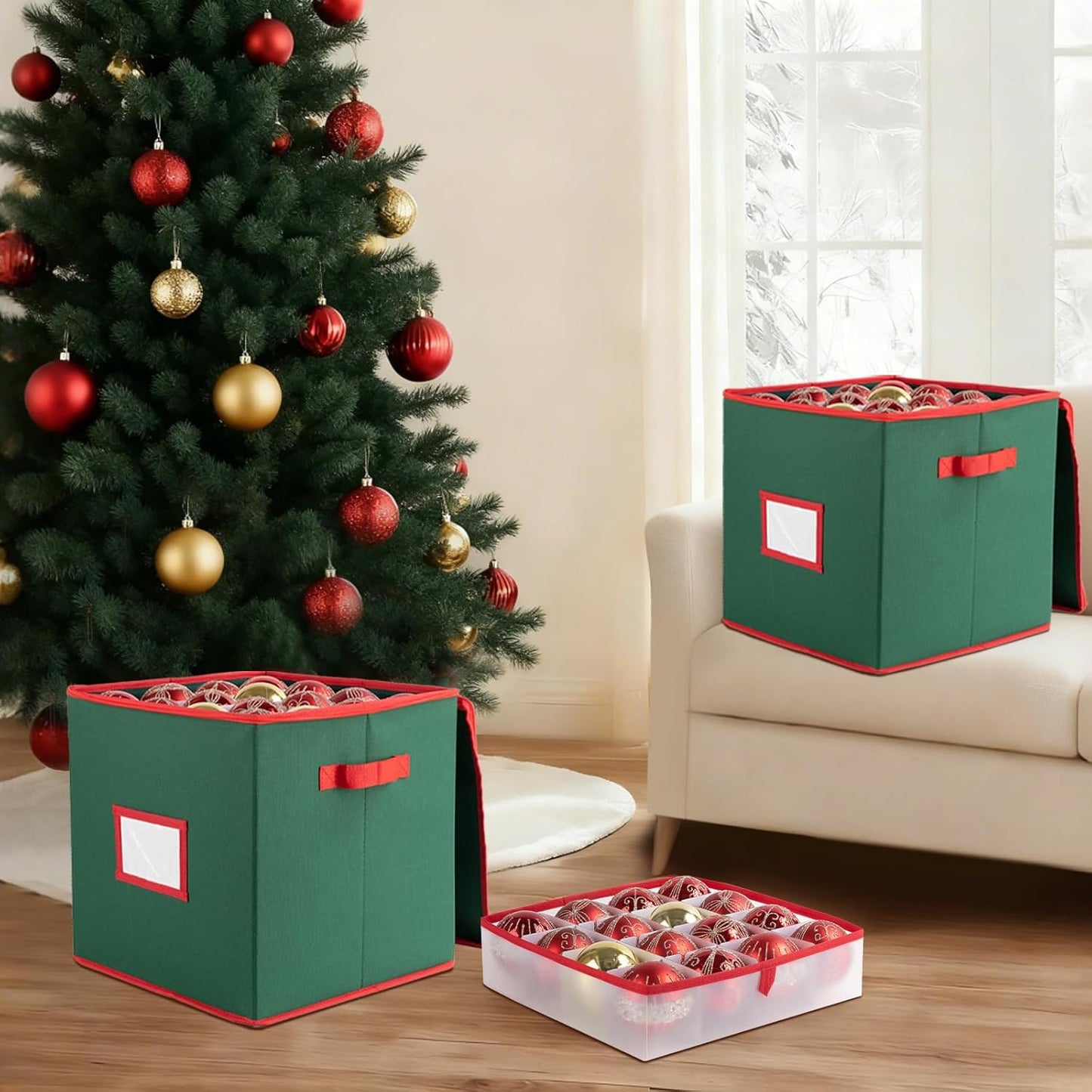 OIAHOMY Ornament Storage Box - 2 Pack Holds 64 Balls Each, Durable 600D Oxford Fabric - Green with Trays