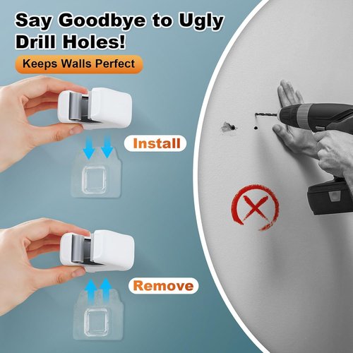 Funest Mop and Broom Holder Wall Mount - No Drill, Self-Adhesive, Non-Slip Grippers for Tile Walls | White, 6 Pack