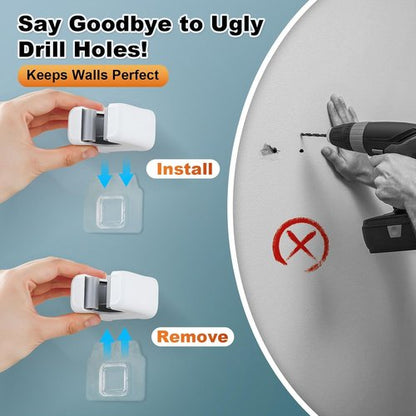 Funest Mop and Broom Holder Wall Mount - No Drill, Self-Adhesive, Non-Slip Grippers for Tile Walls | White, 6 Pack