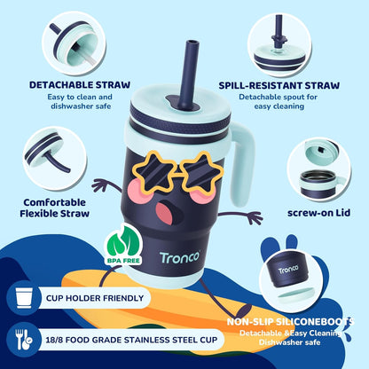 Tronco Kids Insulated Tumbler - 14 oz BPA-Free Stainless Steel Cup with Handle & Flexible Straw