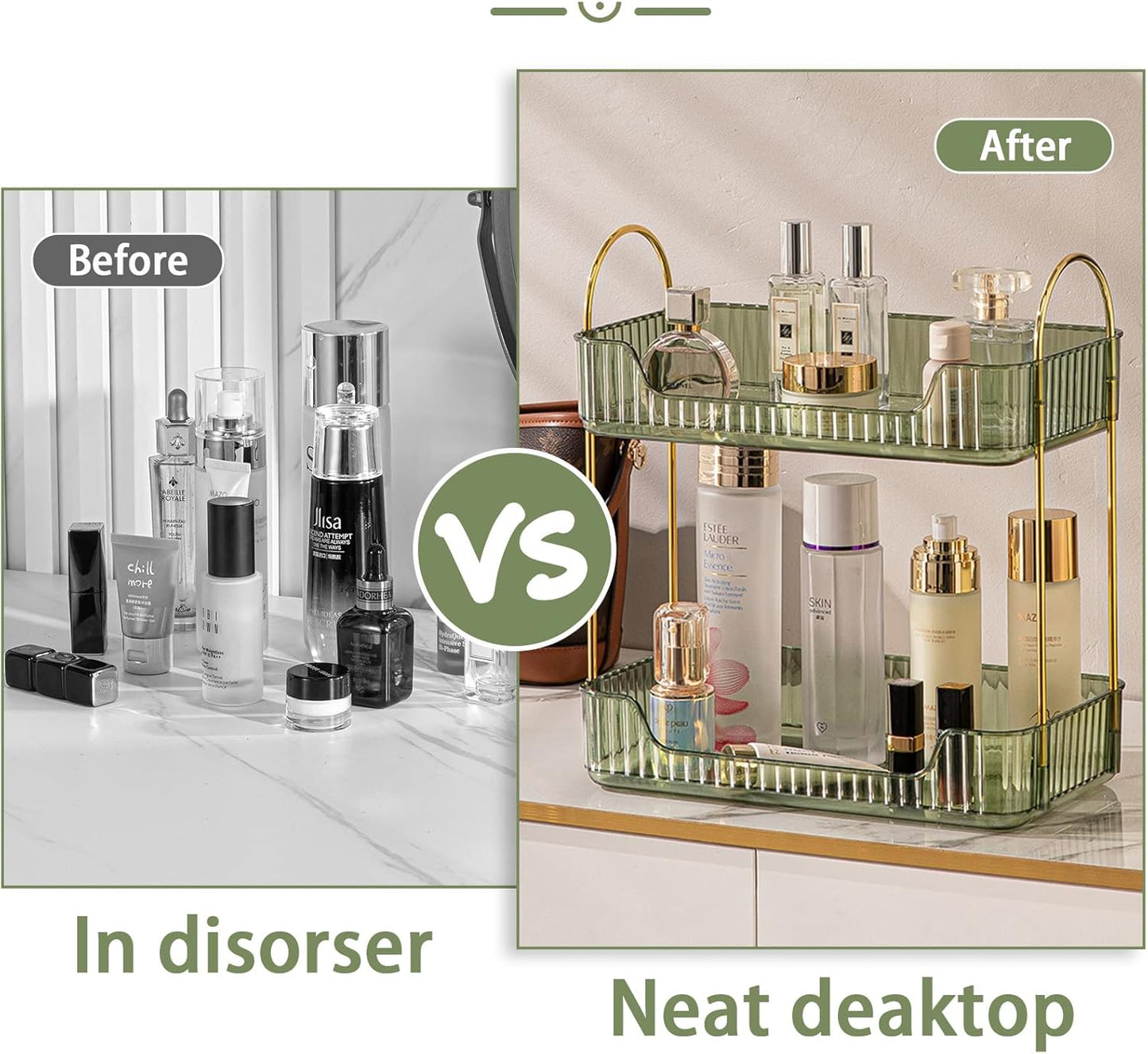 Shuang Qing Bathroom Counter Organizer - 2-Tier Makeup & Skincare Shelf in Green | Vanity & Dresser Storage