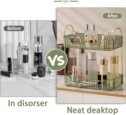 Shuang Qing Bathroom Counter Organizer - 2-Tier Makeup & Skincare Shelf in Green | Vanity & Dresser Storage
