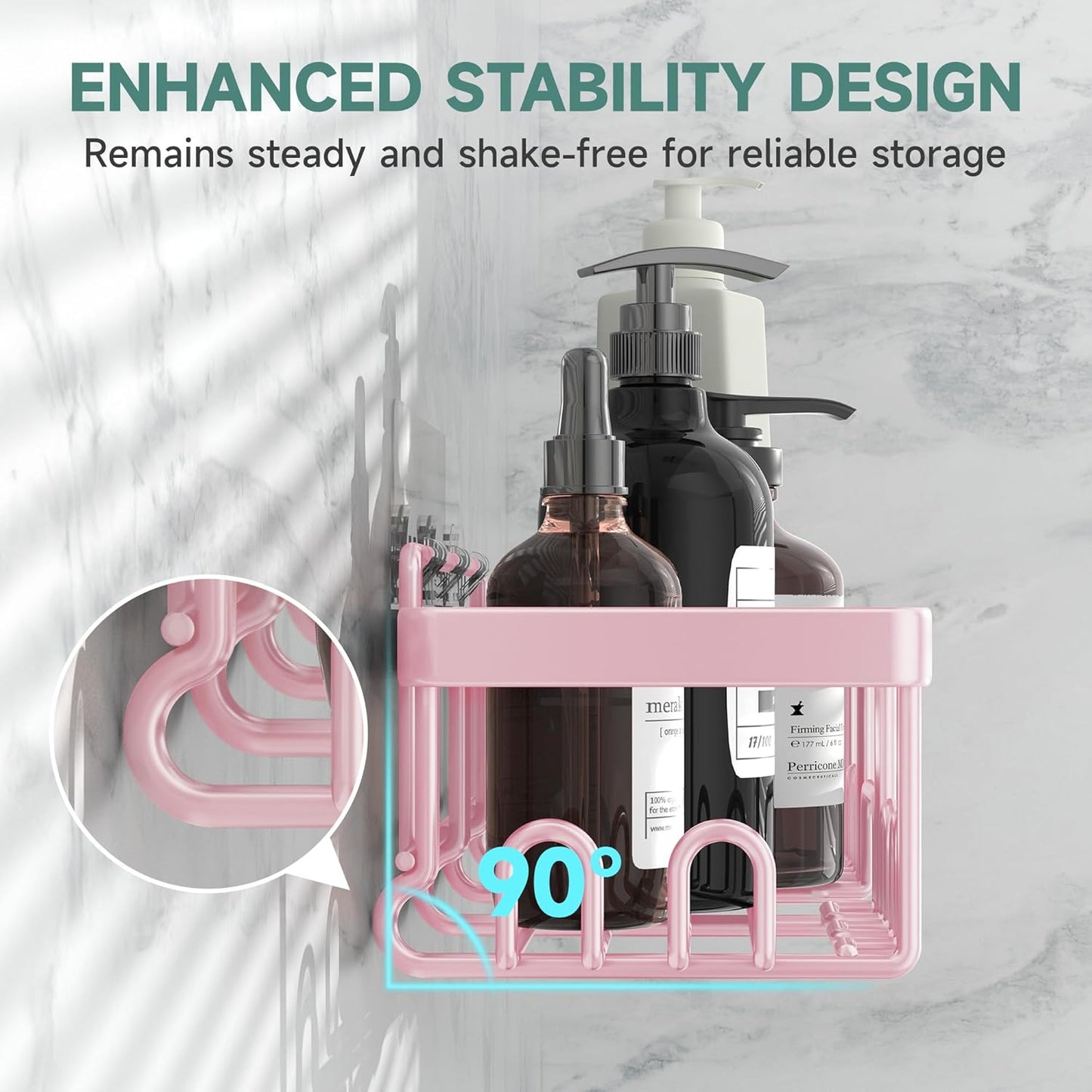 Veken Shower Caddy - Large Capacity 6-Pack, Rustproof & No Drilling | Adhesive Bathroom Organizers - Pink