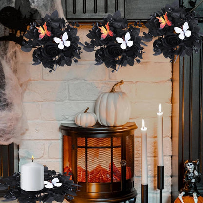 Regine Switzerland Gothic Rose Candle Ring Wreath - Black Floral with Butterfly & Artificial Leaves for Home Decor