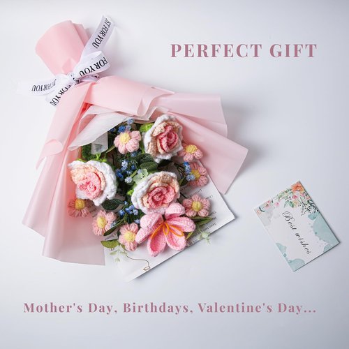EZsenses Crochet Flower Bouquet, Handmade Knitted Rose Faux Crochet Flowers for Home Decor Valentine’s Day Anniversary Weddings Birthdays Mother’s Day, Includes Gift Bag and Greeting Card (Rose)