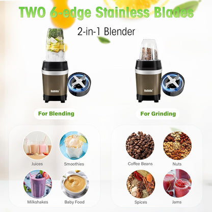 Nahida Blender - 1200W Smoothie Maker with 2 Six-Fin Blades & Easy Go Cups | Brown, 23oz, 32oz, 37oz
