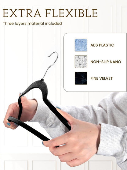 Smartor Velvet Hangers - 70 Pack Black Non-Slip Heavy Duty Felt Hangers for Coat Storage | 360° Rotating Hook