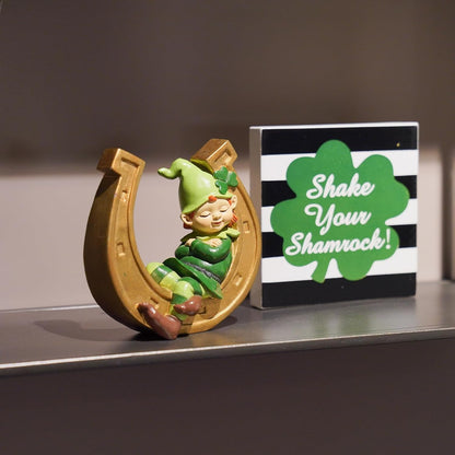 Braxio St. Patrick's Day Decorations | Resin Gnome Collectible Figurines - Green Gnome & Gold Horseshoe Centerpieces (3.75" x 1.5" x 3.75")