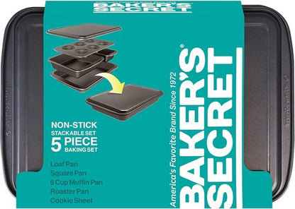 Baker's Secret Stackable Baking Set - 5 Versatile Bakeware Pans | Muffin, Roaster, Square, Cookie & Loaf Pan