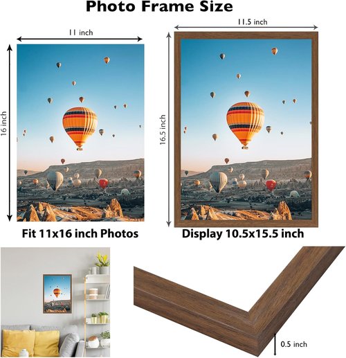 JCJMY 11x16 Picture Frame - Brown Wall Hanging Frame with Shatter Resistant Plexiglass | Versatile Mounting Options