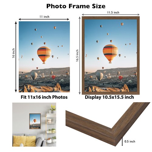 JCJMY 11x16 Picture Frame Brown for Wall Hanging, Wall Mounting Horizontally or Vertically, 11 x 16 Wall Gallery Poster Photo Frame with Shatter Resistant Plexiglass, Brown
