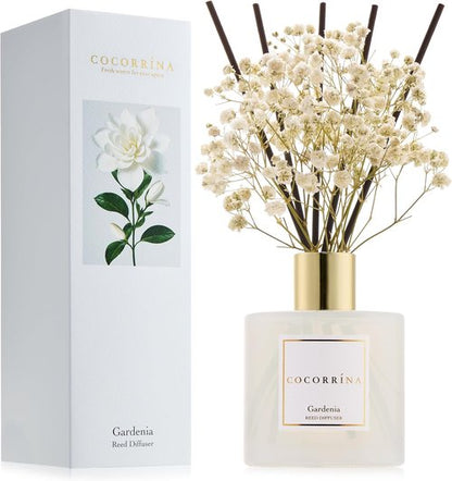 COCORRÍNA Reed Diffuser - Gardenia Scented 6.7 Fl. Oz Set with Sticks & Preserved Baby's Breath | Home Decor