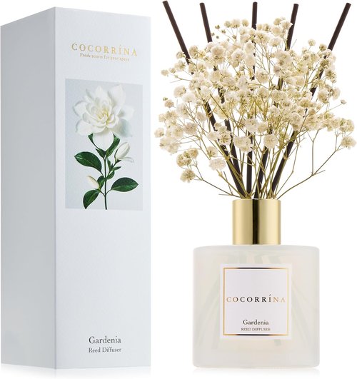 COCORRÍNA Reed Diffuser - Gardenia Scented 6.7 Fl. Oz Set with Sticks & Preserved Baby's Breath | Home Decor