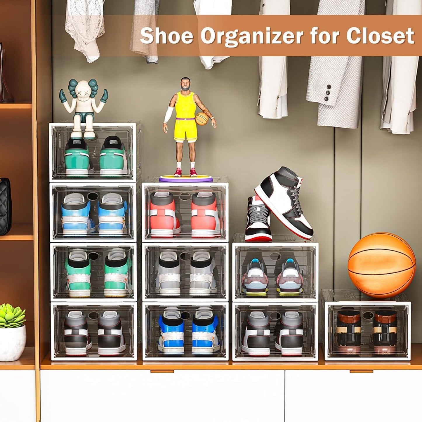 Caktraie Shoe Organizer - 10 Pack Stackable Storage Boxes with Magnetic Doors | White Sneaker Display